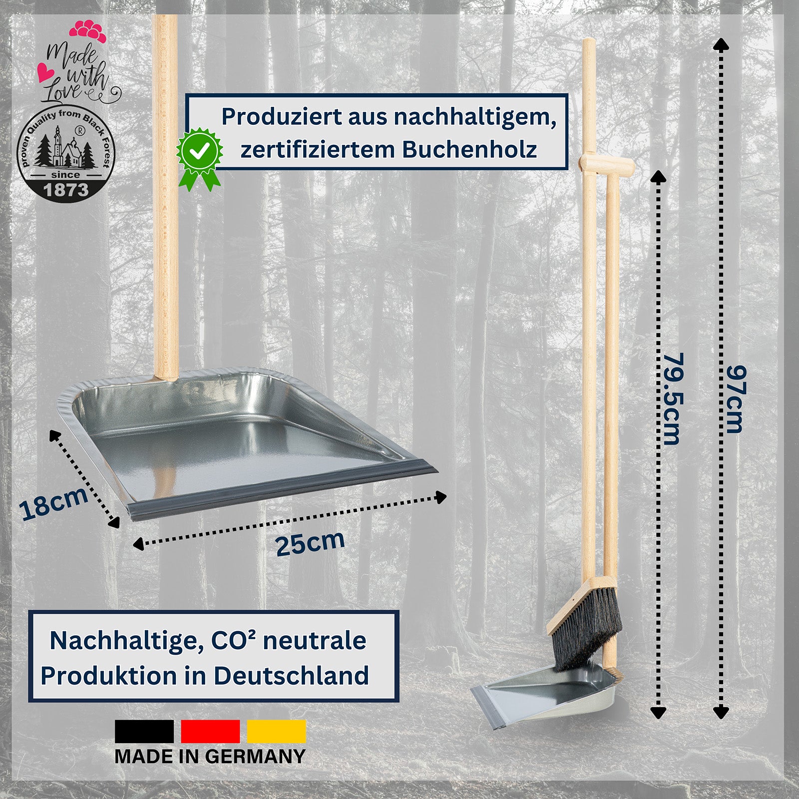 Stehkehrgarnitur Faule Grete aus Holz Buchenholz Stahlblechschaufel Kehrgarnitur