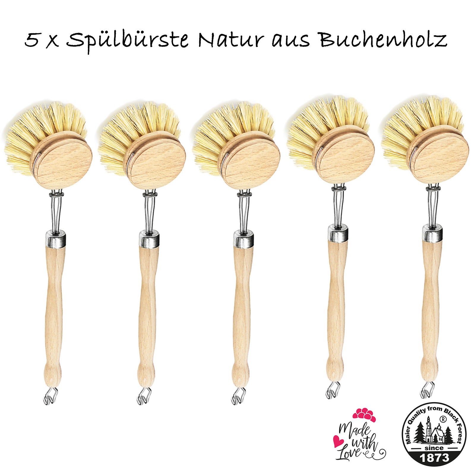 5x Spülbürste Holz Bürste Buchenholz  Natur Fiber Pflanzenborsten vegan