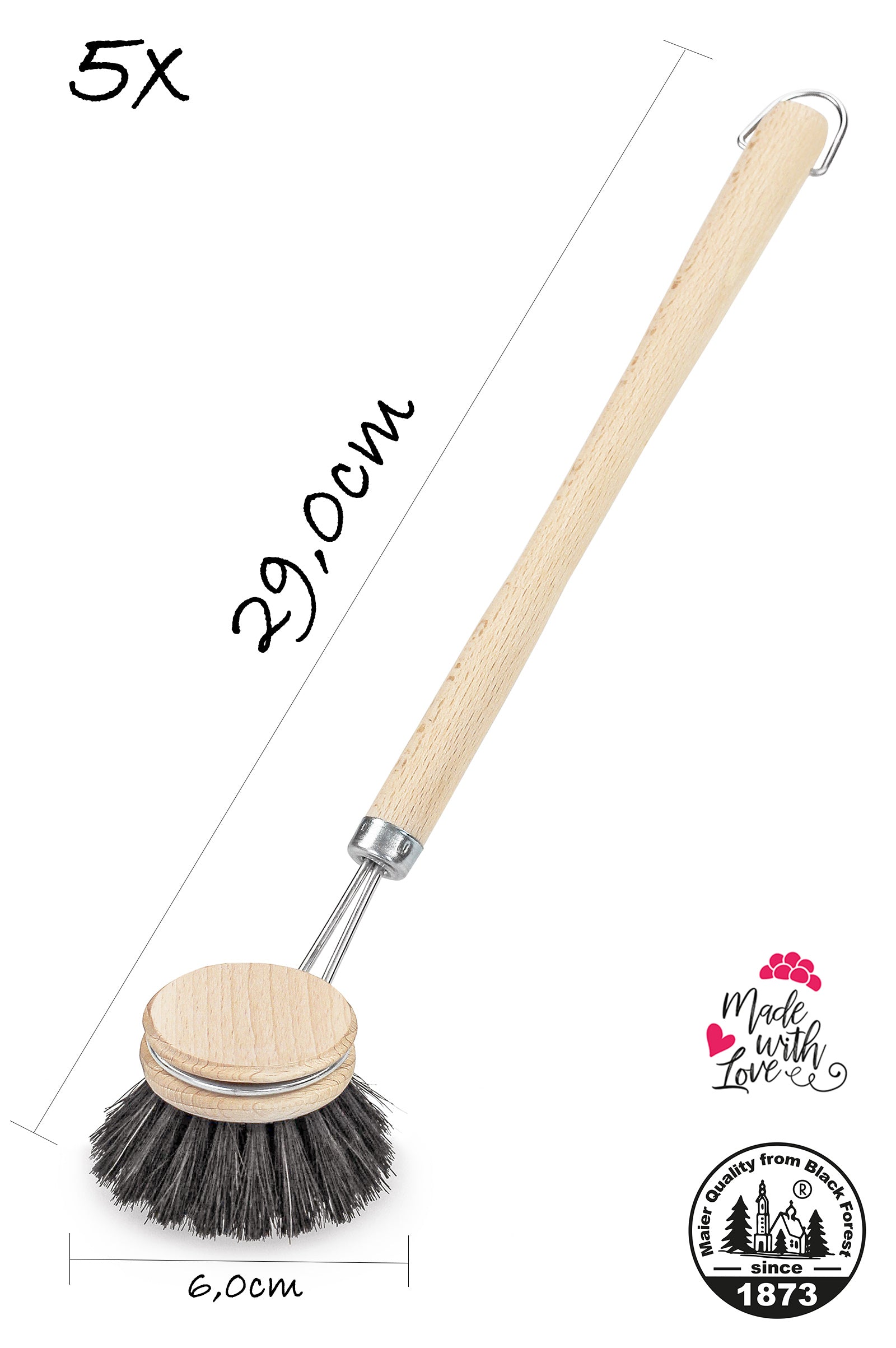 5er Set Rosshaarspülbürsten Holzspülbürsten mit Naturhaar u. langem Griff 29cm