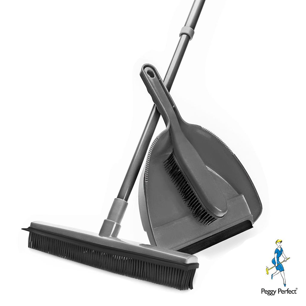 Gummibesen Rubber Broom Set mit Teleskopbesen & Kehrgarnitur grau Haarreinigung