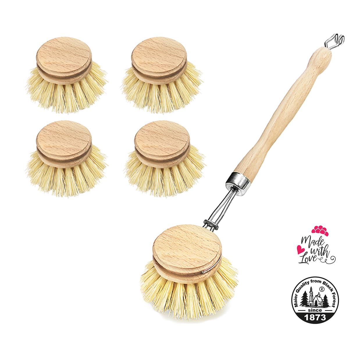 Spülbürste + 4 Ersatzköpfe Holz Bürste Buchenholz Natur Fiber Pflanzenborsten