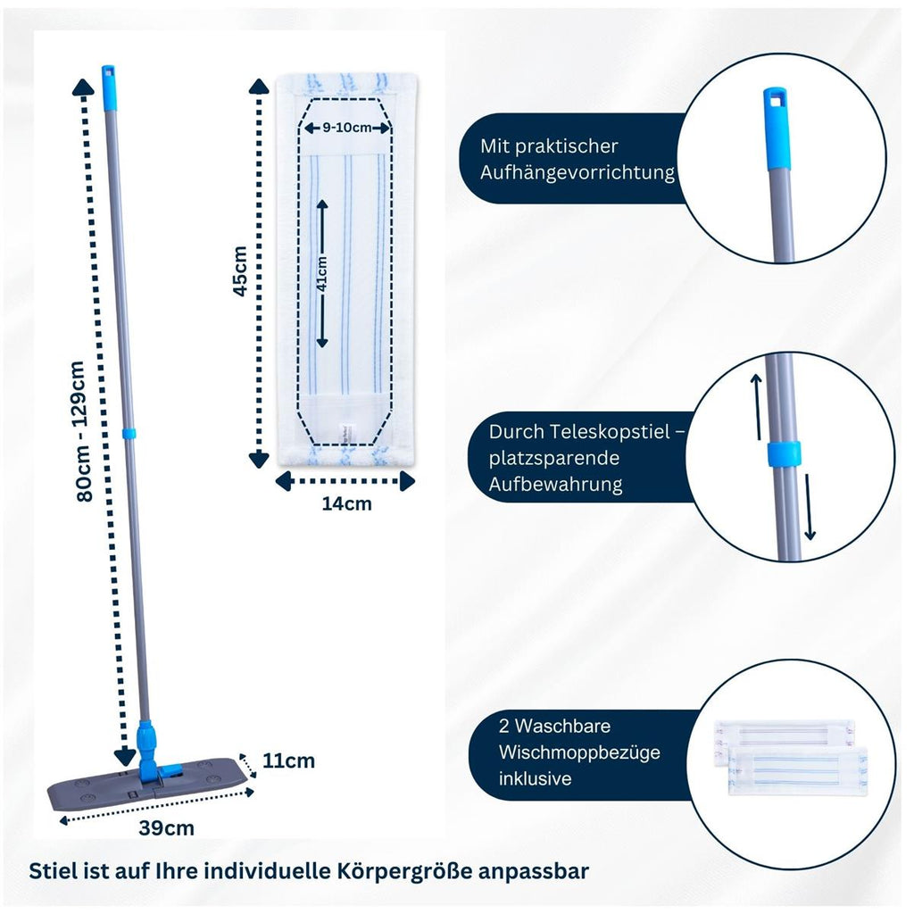 Wischmopp Bodenreiniger Bodenwischer +2 Bezüge Mikrofaser Mopp + Teleskopstiel