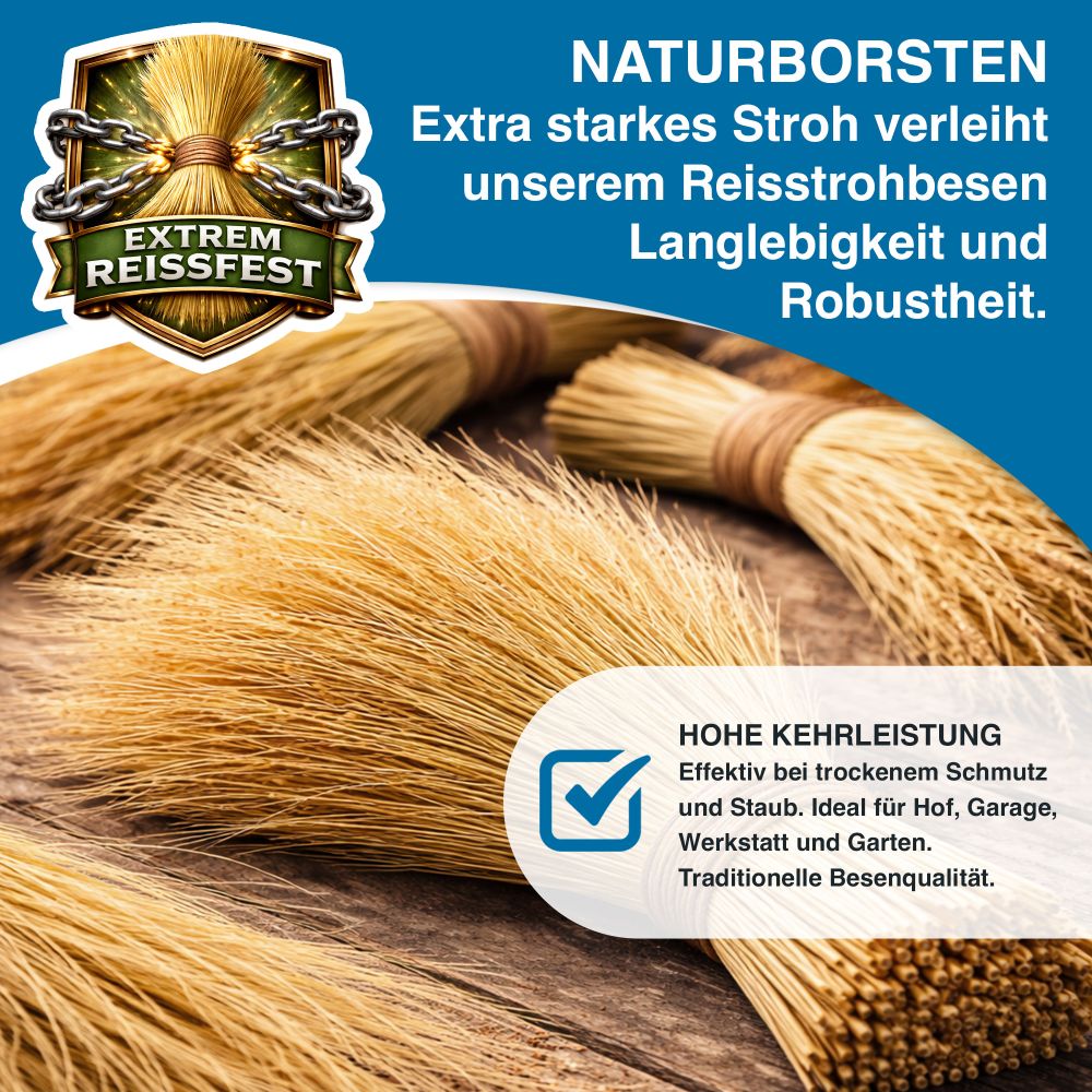 Hochwertiger Strohbesen, Reisstrohbesen 5-Naht mit Buchenholzstiel 141 x 34cm