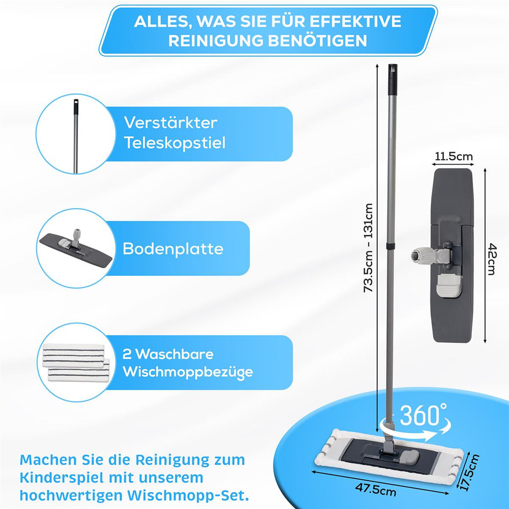 Wischmopp Bodenwischer mit verstärktem Teleskopstiel & 2 Microfaser Wischbezügen