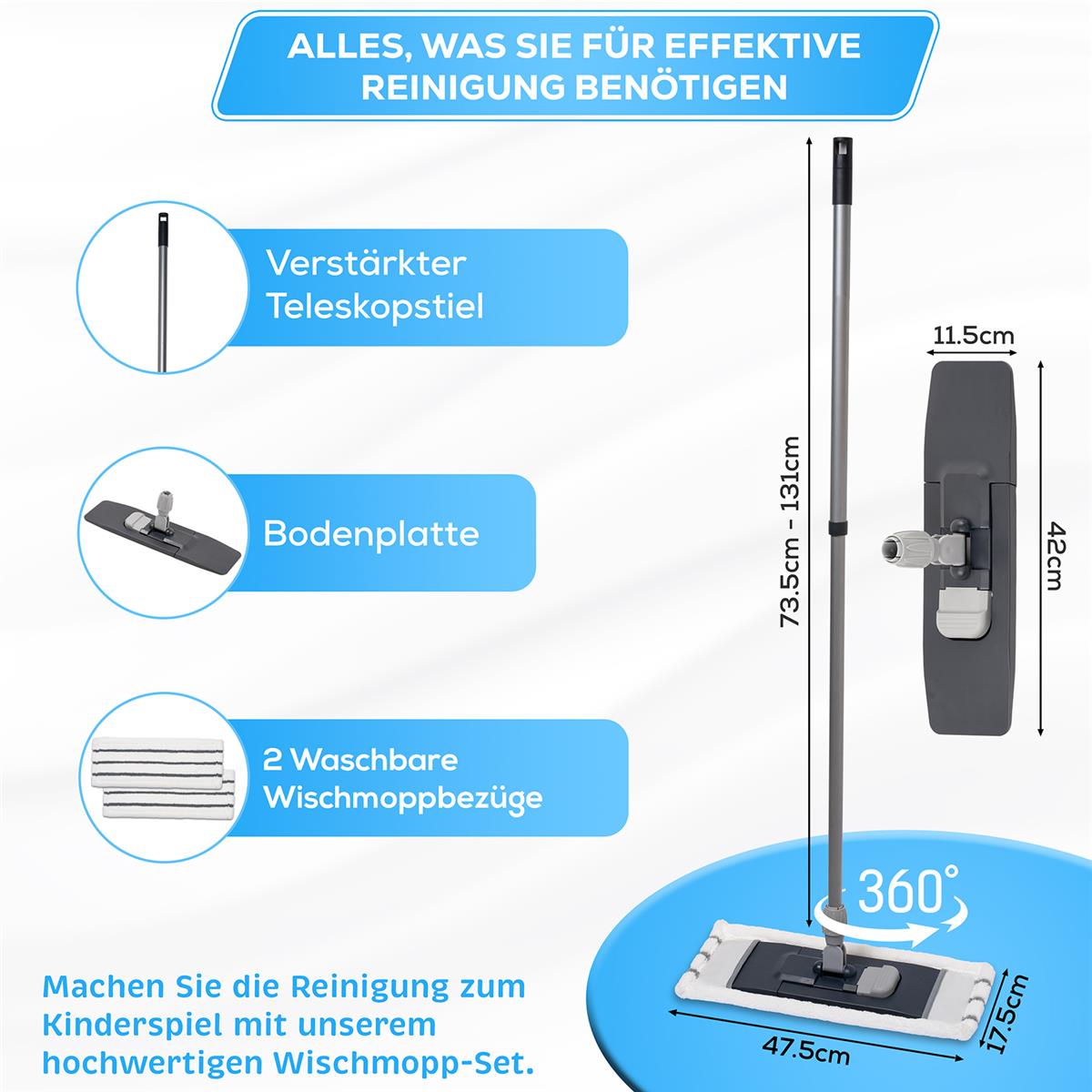 Wischmopp Bodenwischer mit verstärktem Teleskopstiel & 2 Microfaser Wischbezügen