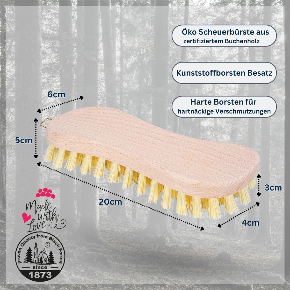 Scheuerbürste Hand Schrubber aus zertifiziertem Buchenholz, Griff in S-Form, harte Kunststoffborsten