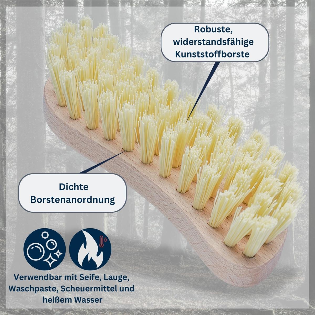 Scheuerbürste Hand Schrubber aus zertifiziertem Buchenholz, Griff in S-Form, harte Kunststoffborsten