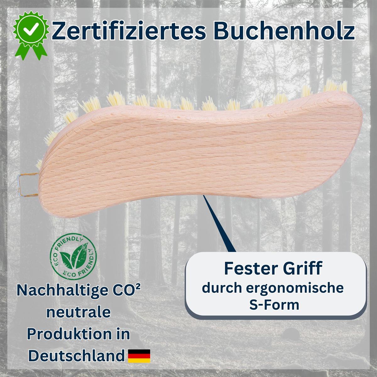 Scheuerbürste Hand Schrubber aus zertifiziertem Buchenholz, Griff in S-Form, harte Kunststoffborsten