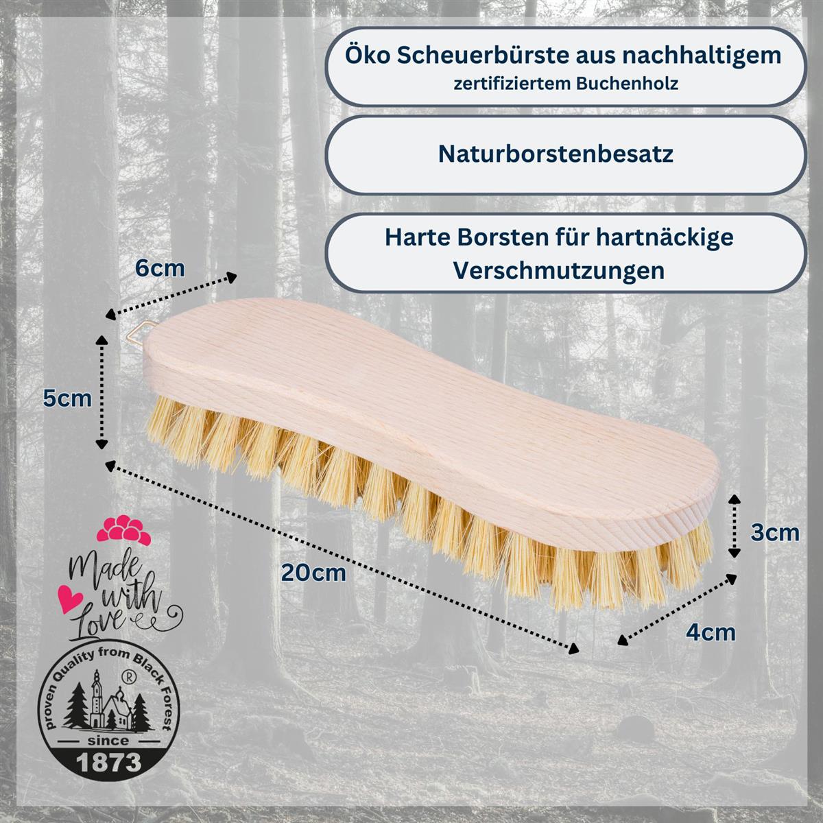 Scheuerbürste Hand Schrubber aus zertifiziertem Buchenholz, Griff in S-Form, harte Naturborsten