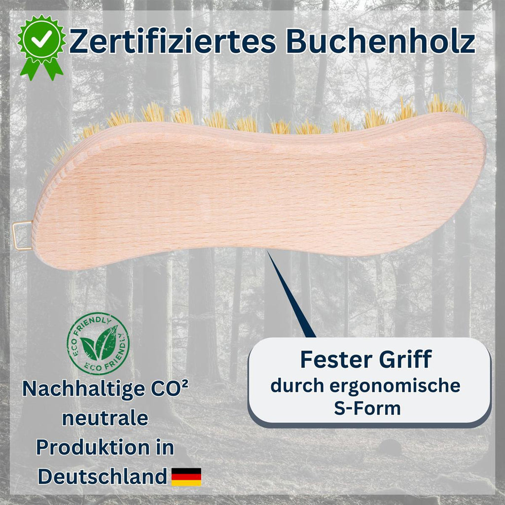 Scheuerbürste Hand Schrubber aus zertifiziertem Buchenholz, Griff in S-Form, harte Naturborsten