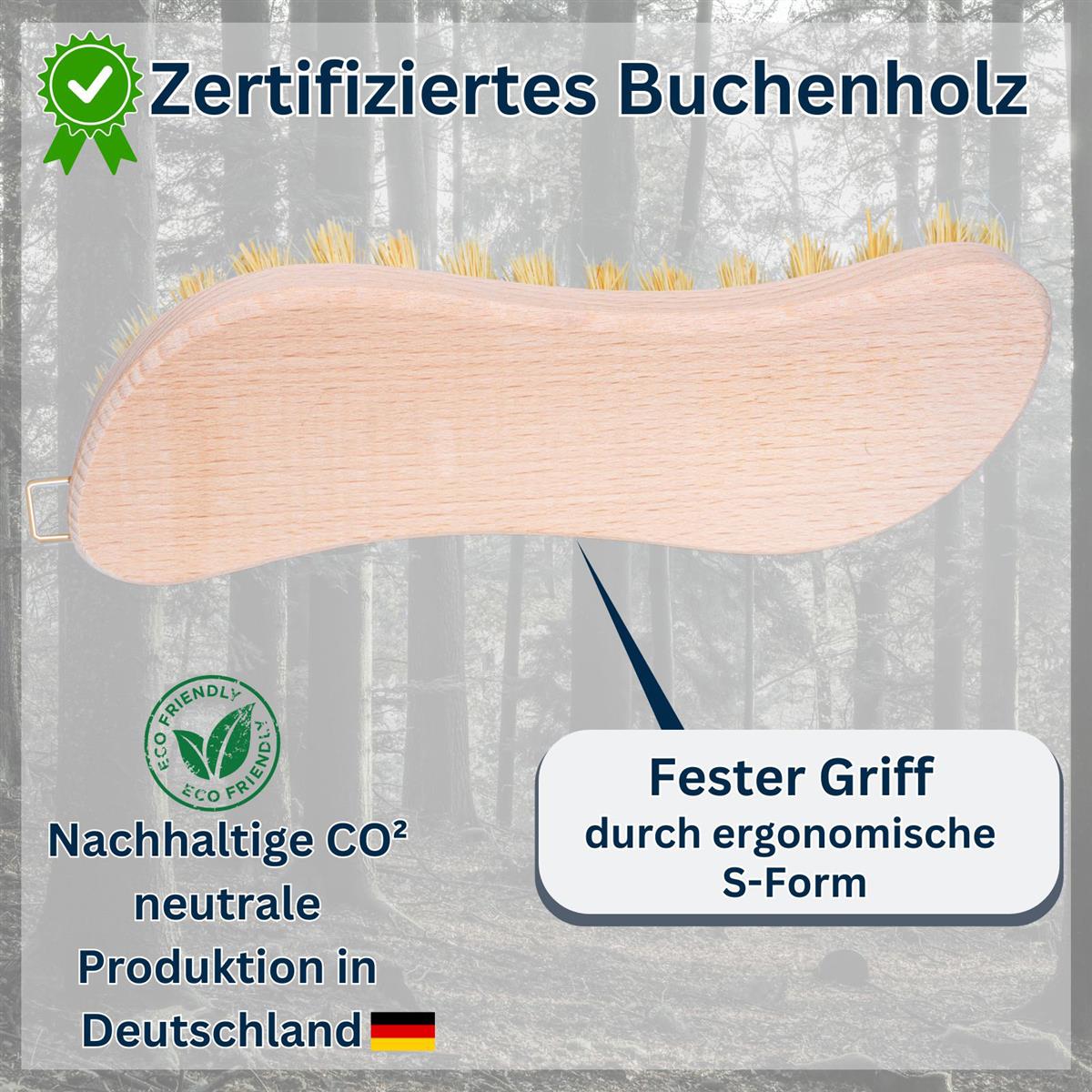Scheuerbürste Hand Schrubber aus zertifiziertem Buchenholz, Griff in S-Form, harte Naturborsten