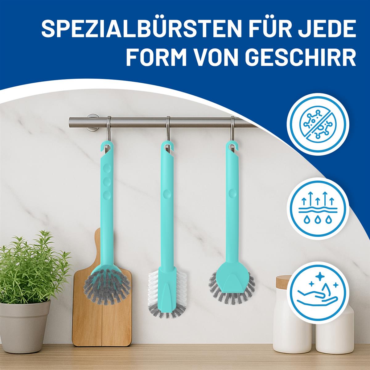 Rival 4er Set Spülbürste Euro-Line mit PBT-Borsten türkis