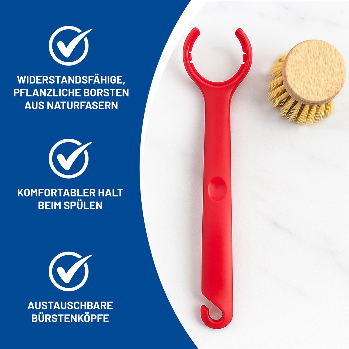 Rival 6er Set Spülbürste Euro-Line mit 5 Wechselköpfen aus Buchenholz rot