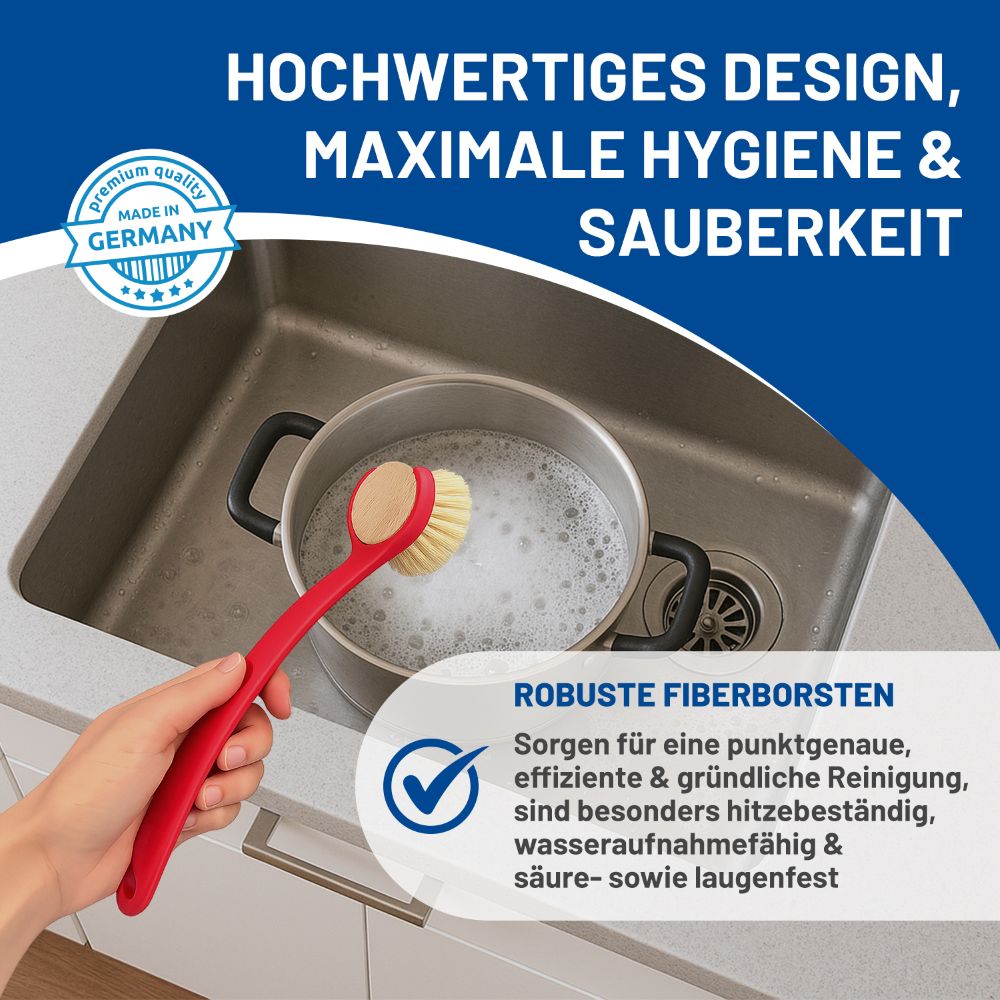Rival 6er Set Spülbürste Euro-Line mit 5 Wechselköpfen aus Buchenholz rot