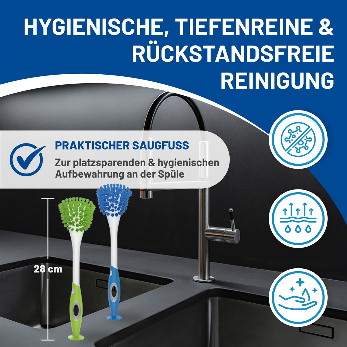 Rival 3er Set Spülbürste Trapez mit gummiertem Griff & Saugfuß limegrün