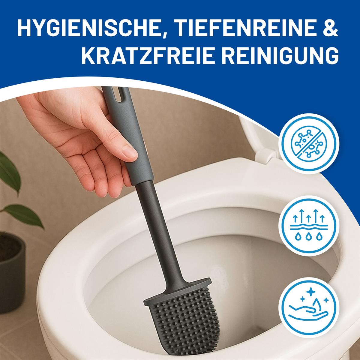 Rival WC-Topfgarnitur Flach mit Noppenbürste, gummiertem Griff & Wandhalterung