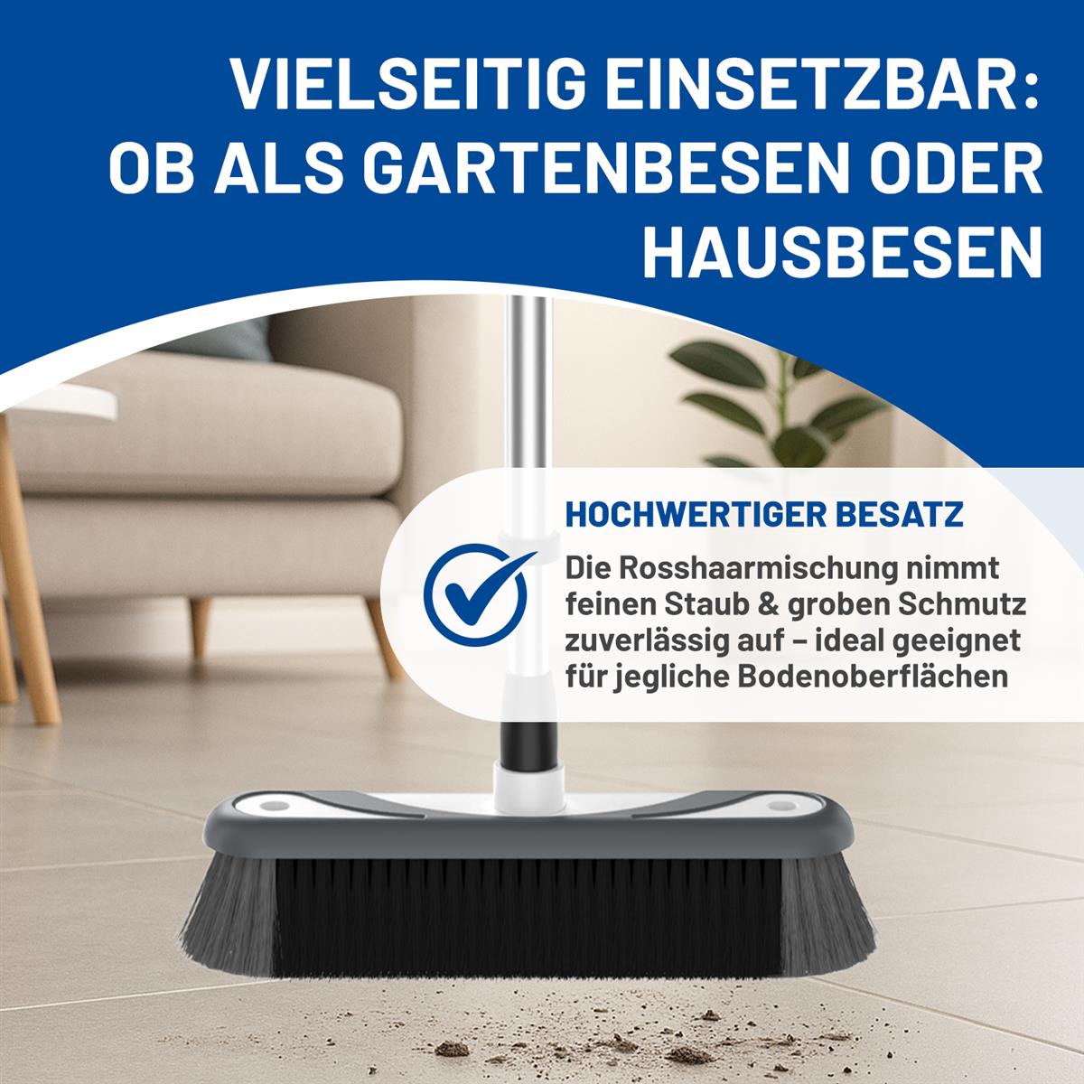 Rival Besen mit umlaufender Gummierung & Teleskopstiel weiß/stahlgrau