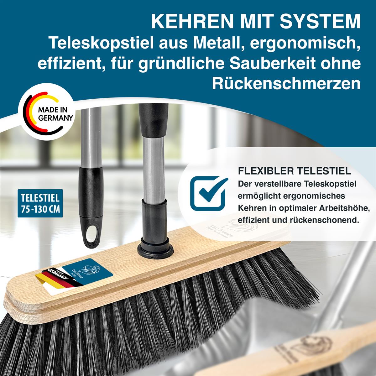Peggy Perfect Kehrset mit Besen & Handfeger – Teleskopstiel 75–130 cm